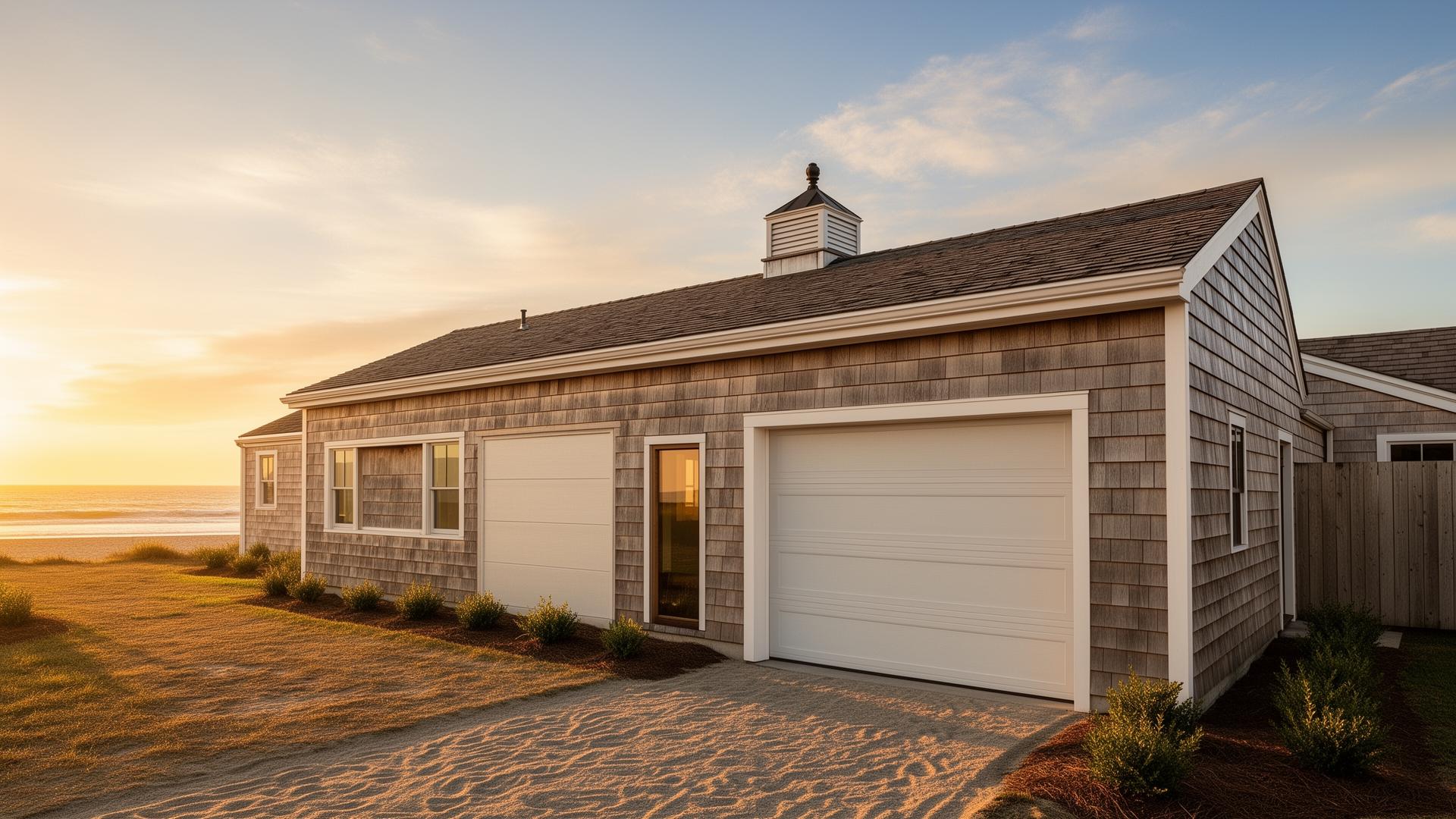 Professional garage door installation on coastal beach house with ranch style horizontal panel doors