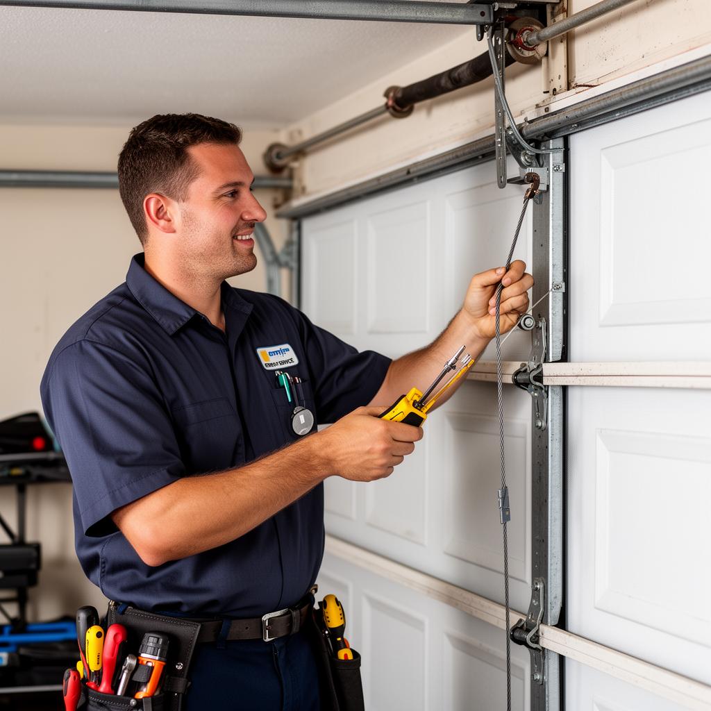 Expert garage door technician performing repair with professional tools in Walworth NY
